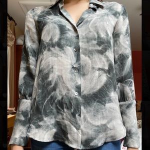Theory Gray Floral Silk Button Down Blouse